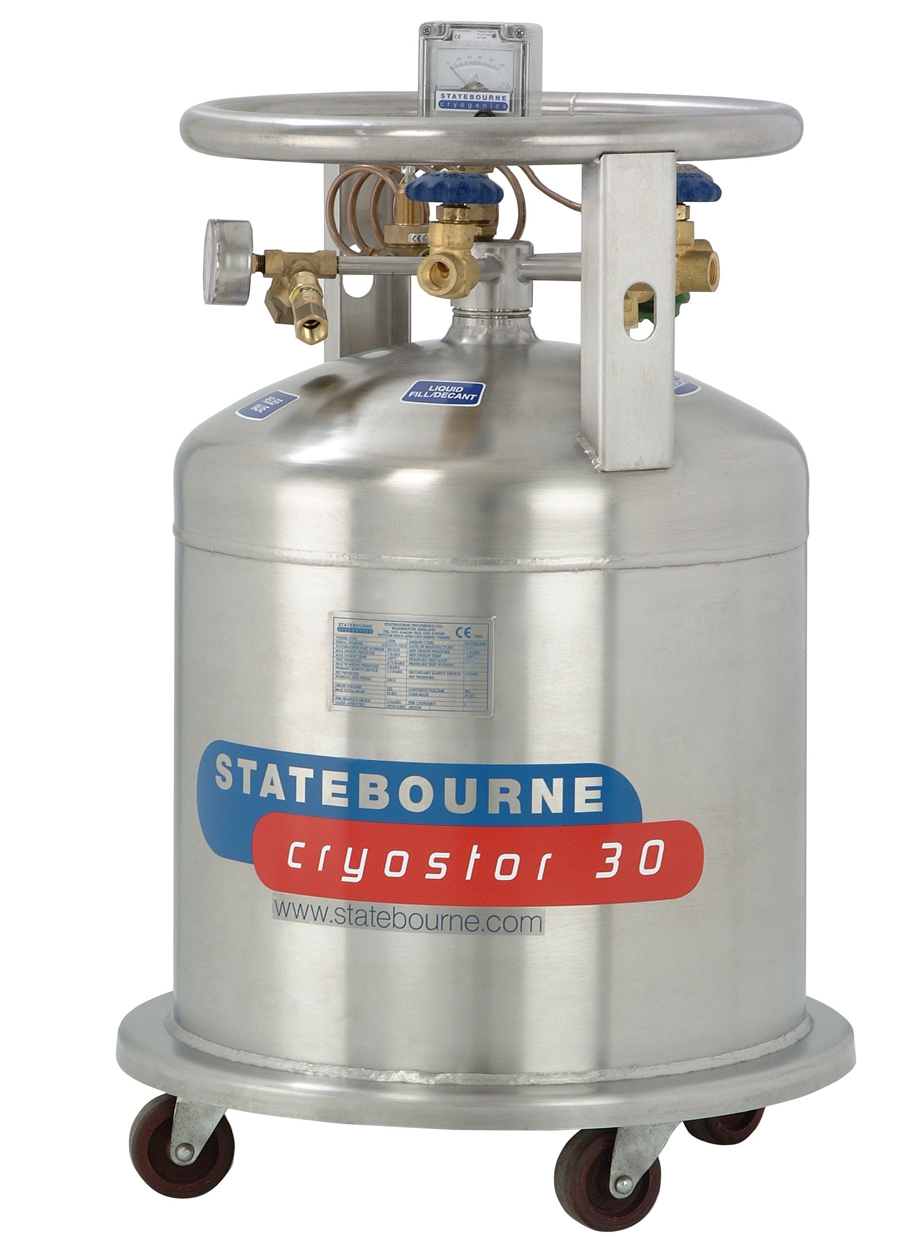 Statebourne Cryogenics 9911025 Cryostor 30 Stainless Steel Cylinders - Low Pressure LN2 Dewars 30 Litres for storage and dispensing liquid nitrogen