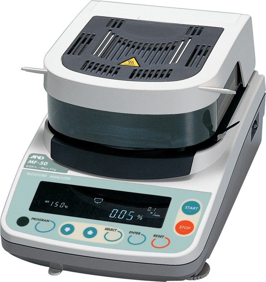 AND Instruments MF-50 Moisture Analyser Balance, Maximum Capacity 51g, Readability 0.002g, Pan Size 85mm Dia